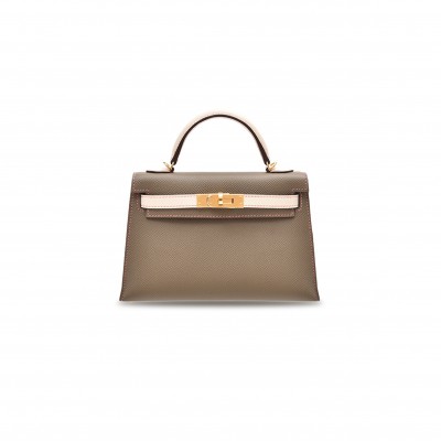 HERMÈS MASTER MINI KELLY II EPSOM ELEPHANT GRAY AND MILKSHAKE WHITE GOLD BUCKLE (19*12*5.5cm) 
